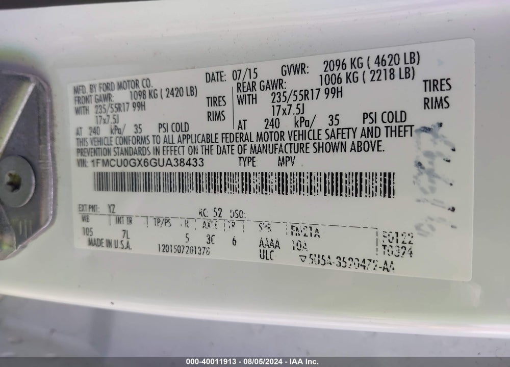 2016 FORD ESCAPE SE VIN: 1FMCU0GX6GUA38433