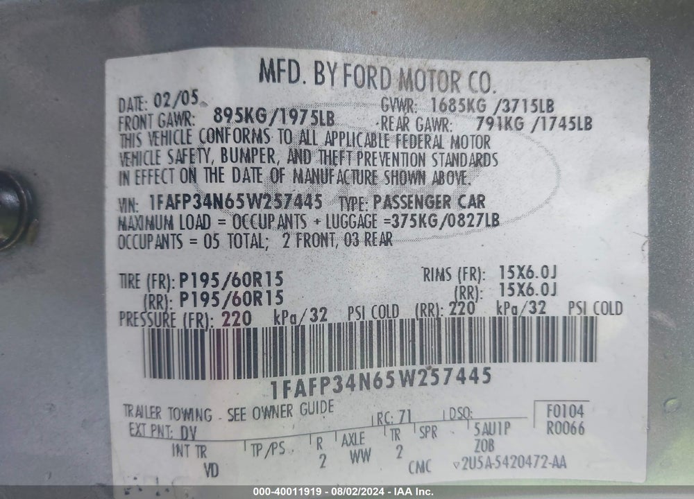 2005 FORD FOCUS ZX4 VIN: 1FAFP34N65W257445
