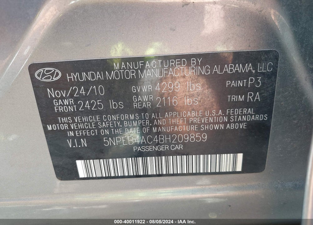 2011 HYUNDAI SONATA GLS VIN: 5NPEB4AC4BH209859