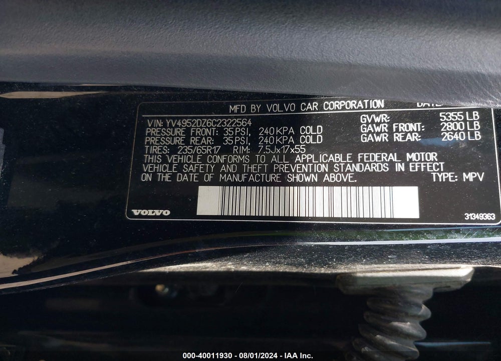2012 VOLVO XC60 3.2/3.2 PLATINUM/3.2 PREMIER/3.2 PREMIER PLUS VIN: YV4952DZ6C2322564