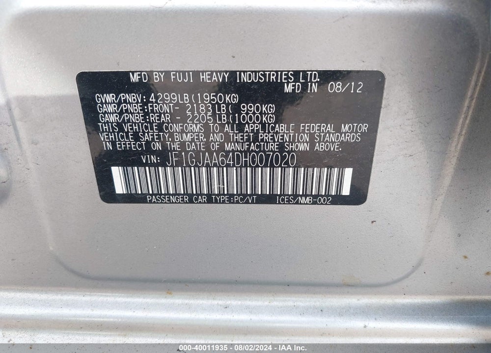 2013 SUBARU IMPREZA VIN: JF1GJAA64DH007020