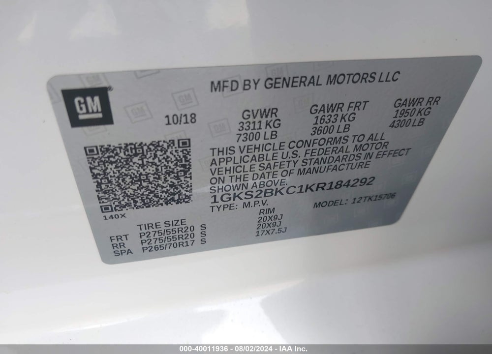 2019 GMC YUKON SLT VIN: 1GKS2BKC1KR184292