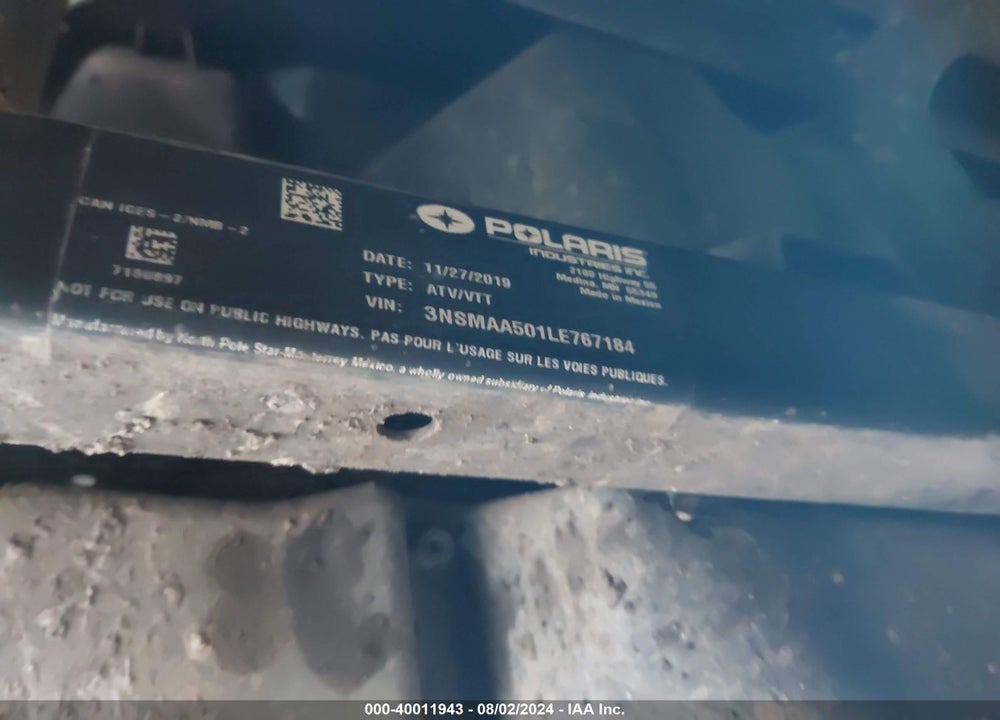 2020 POLARIS RANGER VIN: 3NSMAA501LE767184