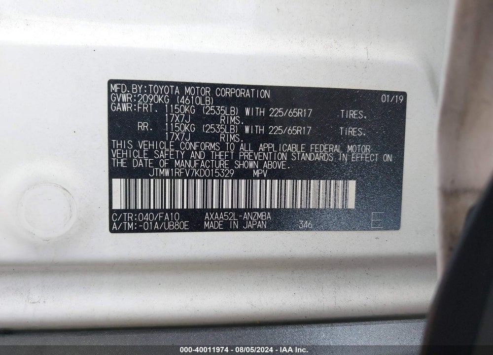 2019 TOYOTA RAV4 XLE VIN: JTMW1RFV7KD015329