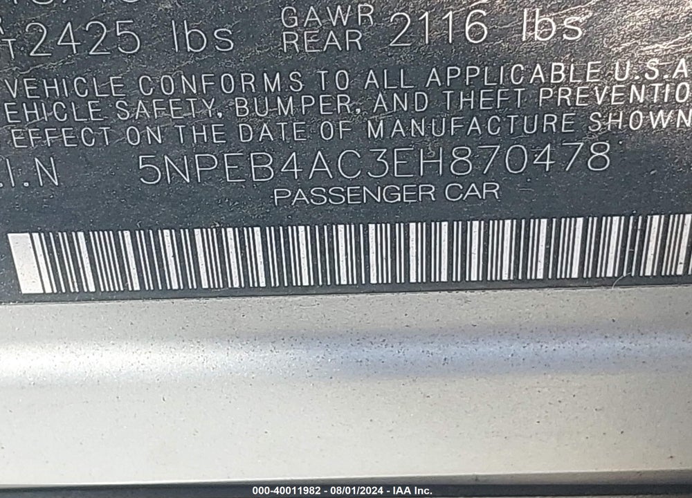 2014 HYUNDAI SONATA GLS VIN: 5NPEB4AC3EH870478