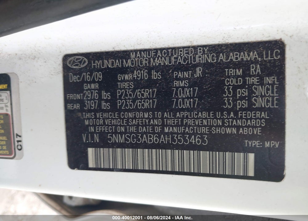 2010 HYUNDAI SANTA FE GLS VIN: 5NMSG3AB6AH353463