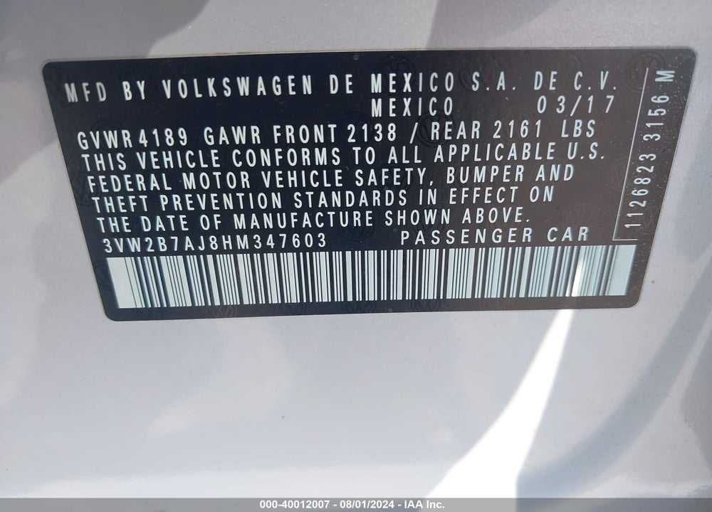 2017 VOLKSWAGEN JETTA VIN: 3VW2B7AJ8HM347603