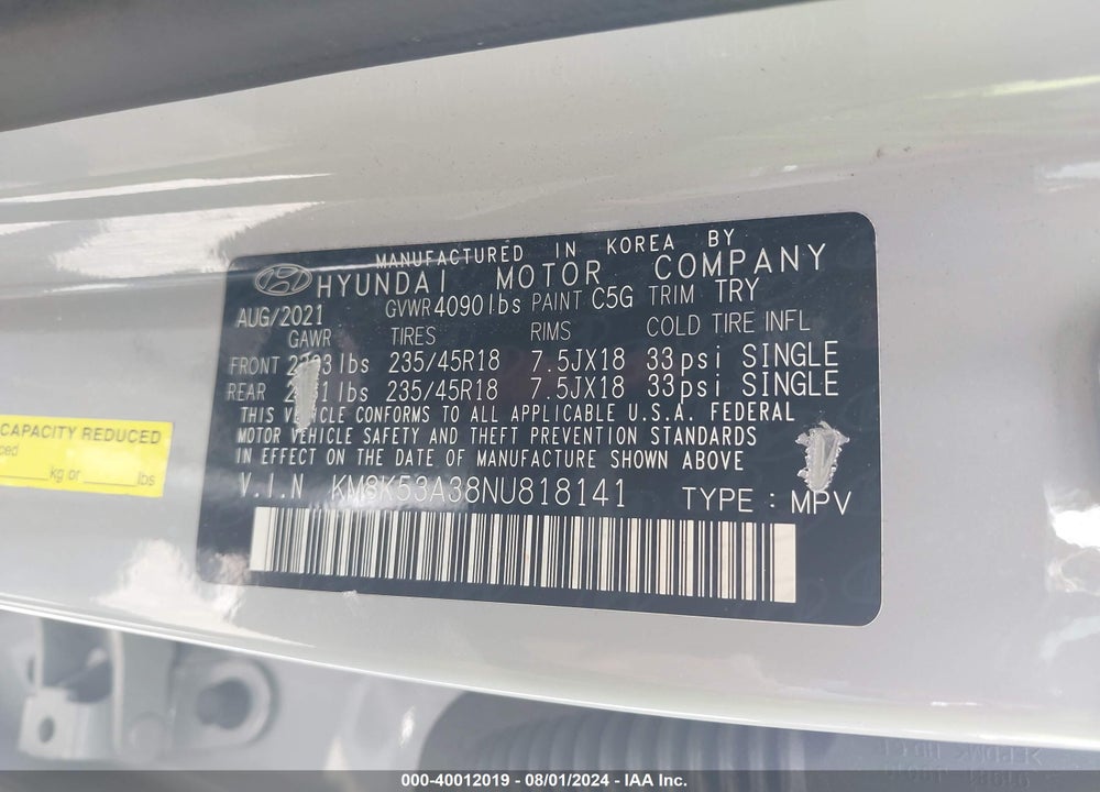 2022 HYUNDAI KONA LIMITED VIN: KM8K53A38NU818141