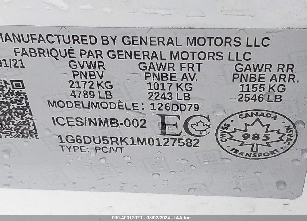 2021 CADILLAC CT5 SPORT VIN: 1G6DU5RK1M0127582