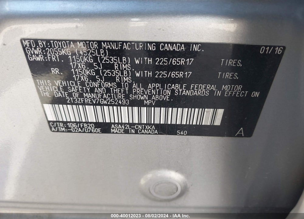 2016 TOYOTA RAV4 LE VIN: 2T3ZFREV7GW252493
