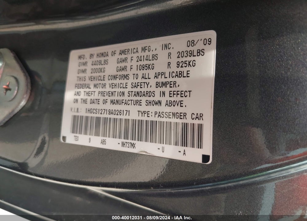 2009 HONDA ACCORD 2.4 EX VIN: 1HGCS12719A026171