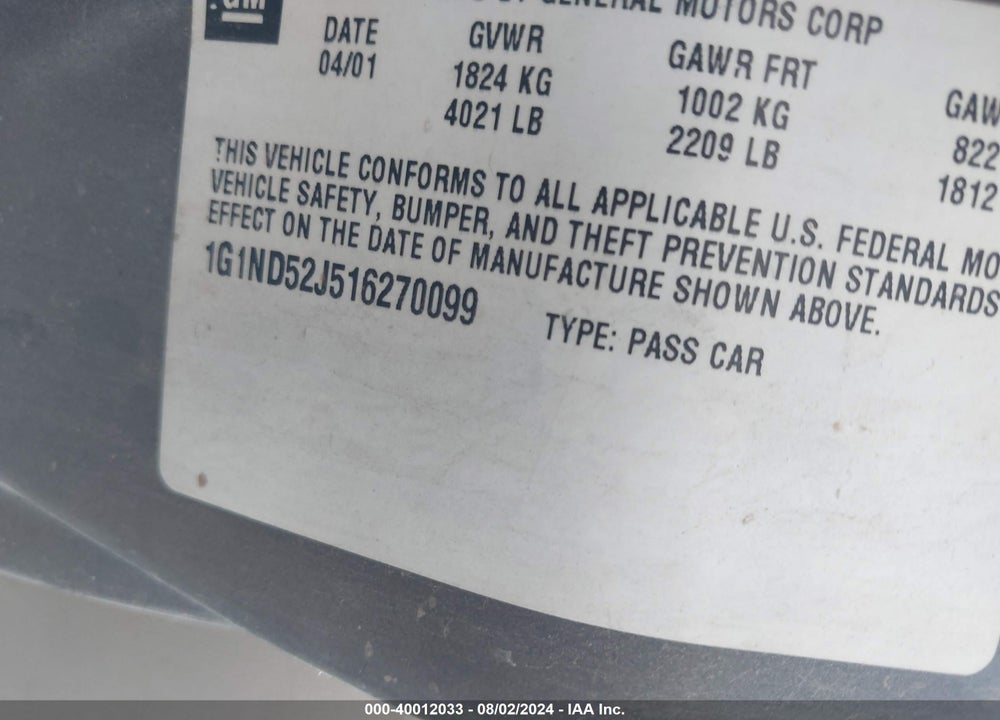 2001 CHEVROLET MALIBU VIN: 1G1ND52J516270099