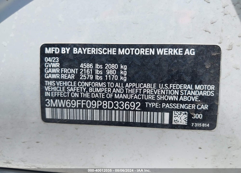 2023 BMW 330I VIN: 3MW69FF09P8D33692