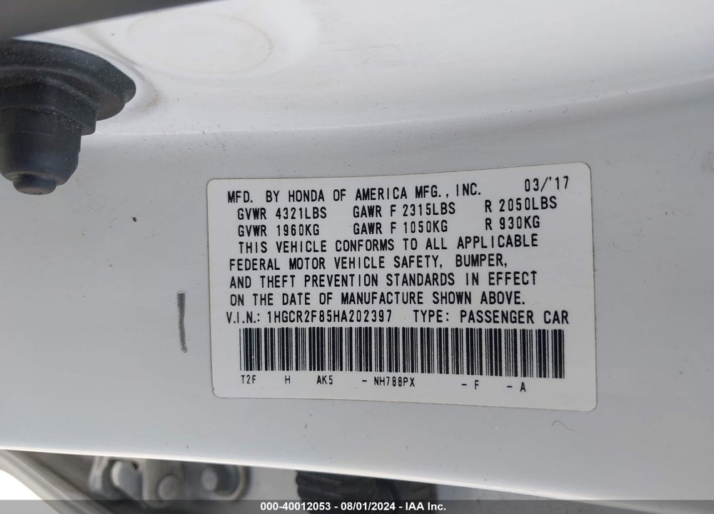 2017 HONDA ACCORD EX-L VIN: 1HGCR2F85HA202397