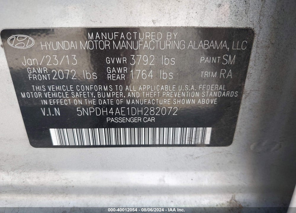 2013 HYUNDAI ELANTRA GLS VIN: 5NPDH4AE1DH282072
