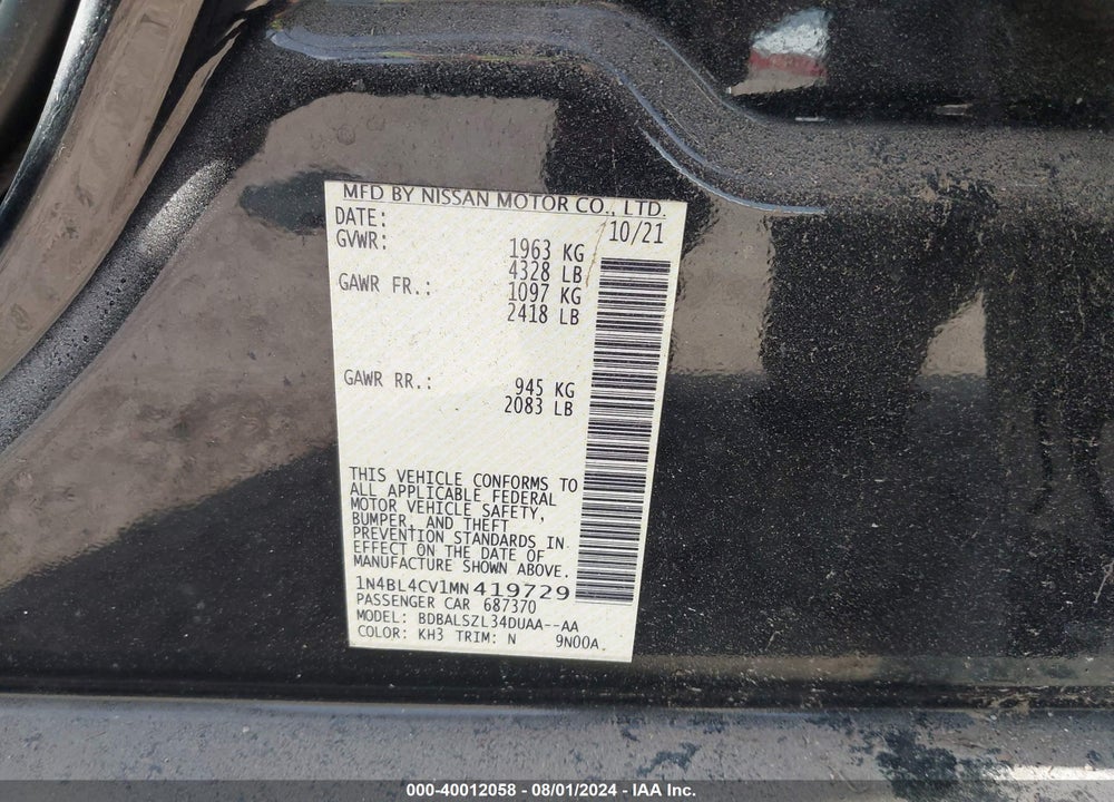 2021 NISSAN ALTIMA SR FWD VIN: 1N4BL4CV1MN419729