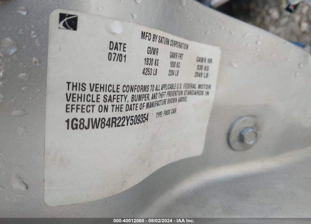 2002 SATURN L-SERIES LW300 VIN: 1G8JW84R22Y509354