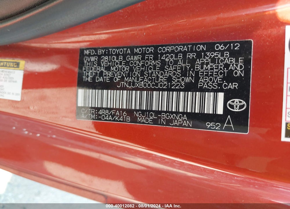 2012 SCION IQ VIN: JTNJJXB00CJ021223