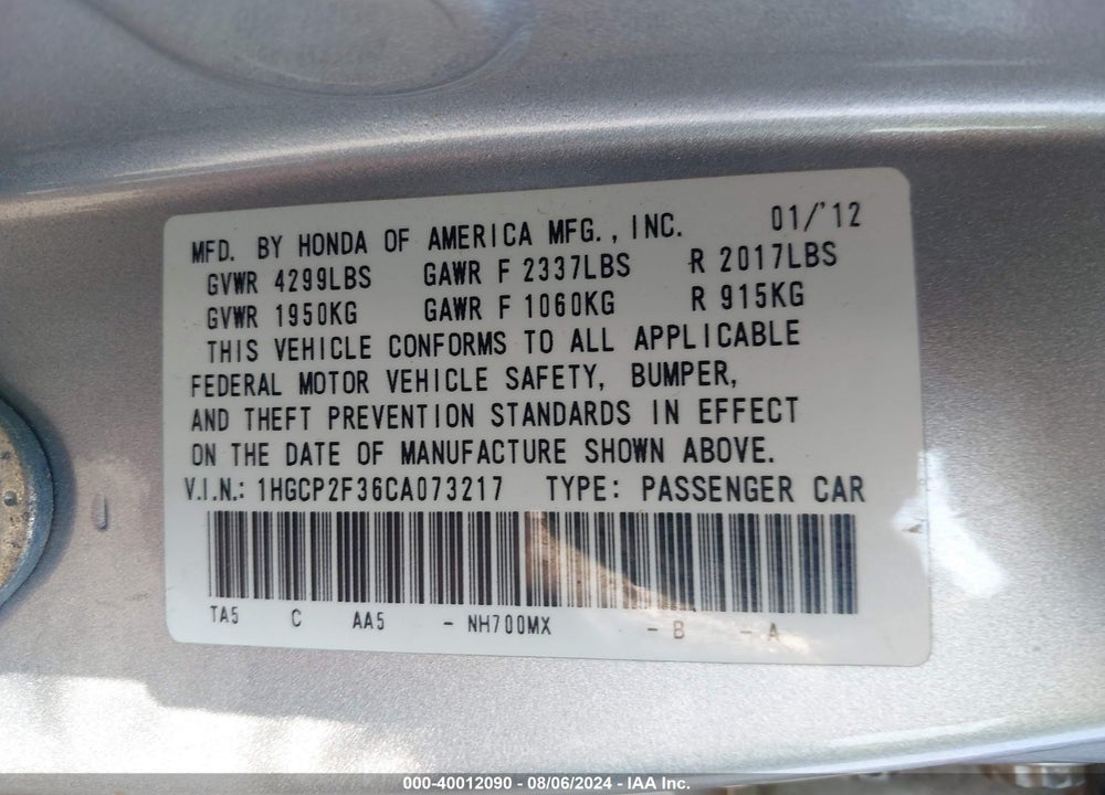 2012 HONDA ACCORD 2.4 LX VIN: 1HGCP2F36CA073217