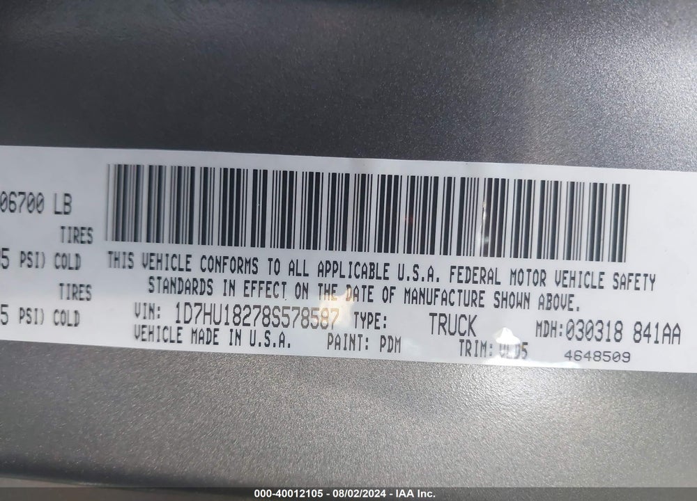 2008 DODGE RAM 1500 LARAMIE VIN: 1D7HU18278S578587