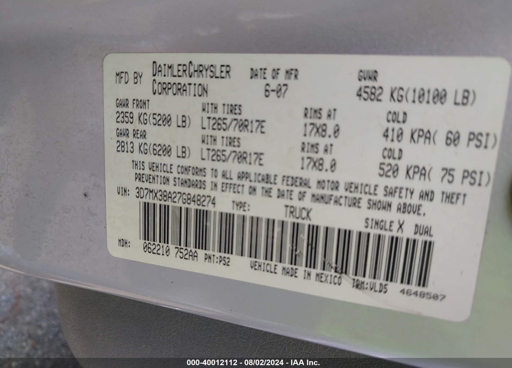 2007 DODGE RAM 3500 LARAMIE VIN: 3D7MX38A27G848274