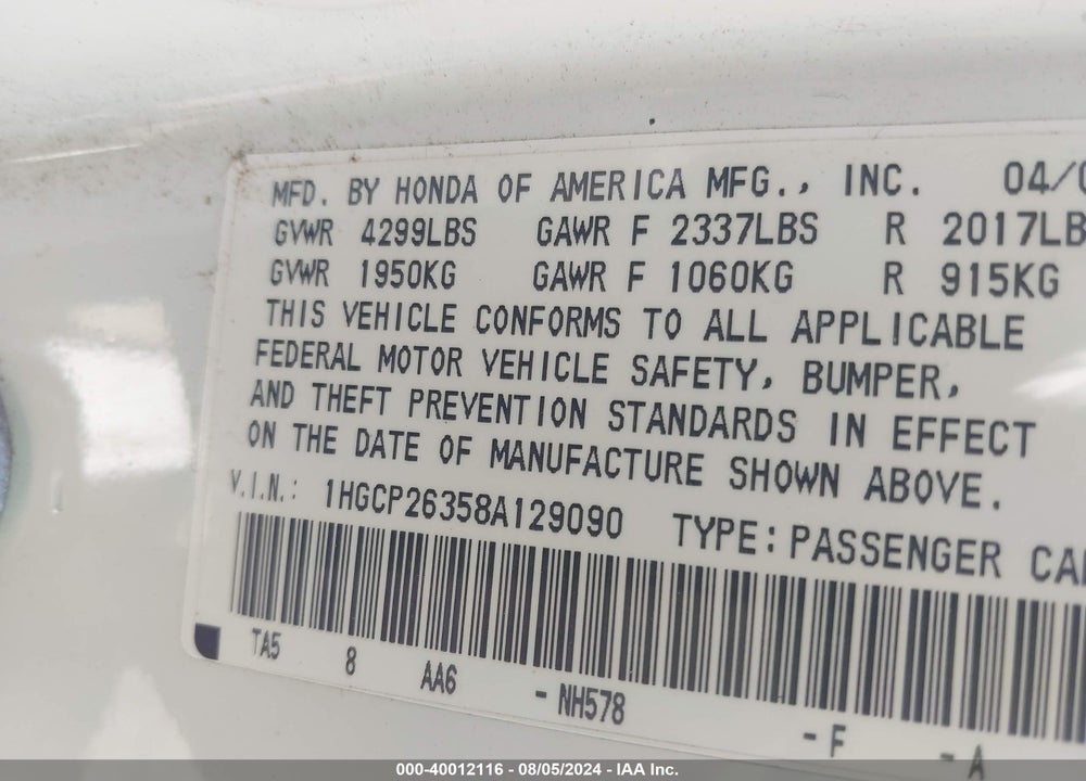 2008 HONDA ACCORD VIN: 1HGCP26358A129090