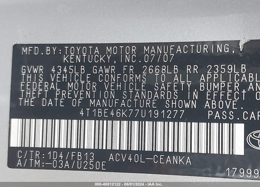 2007 TOYOTA CAMRY LE VIN: 4T1BE46K77U191277