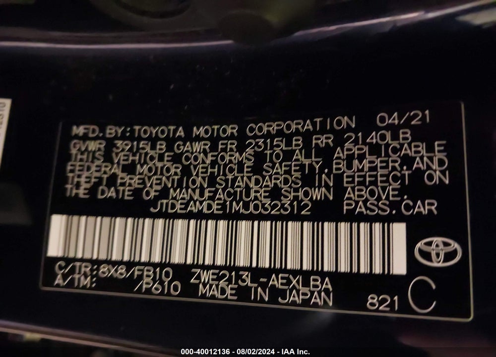 2021 TOYOTA COROLLA HYBRID LE VIN: JTDEAMDE1MJ032312