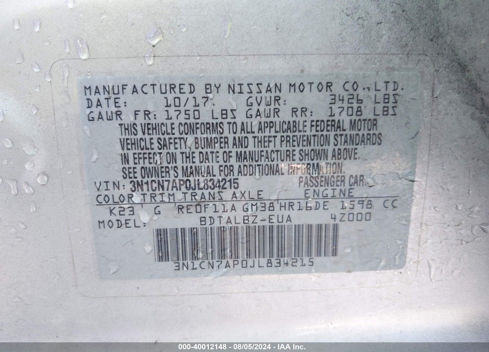 2018 NISSAN VERSA 1.6 SV VIN: 3N1CN7AP0JL834215