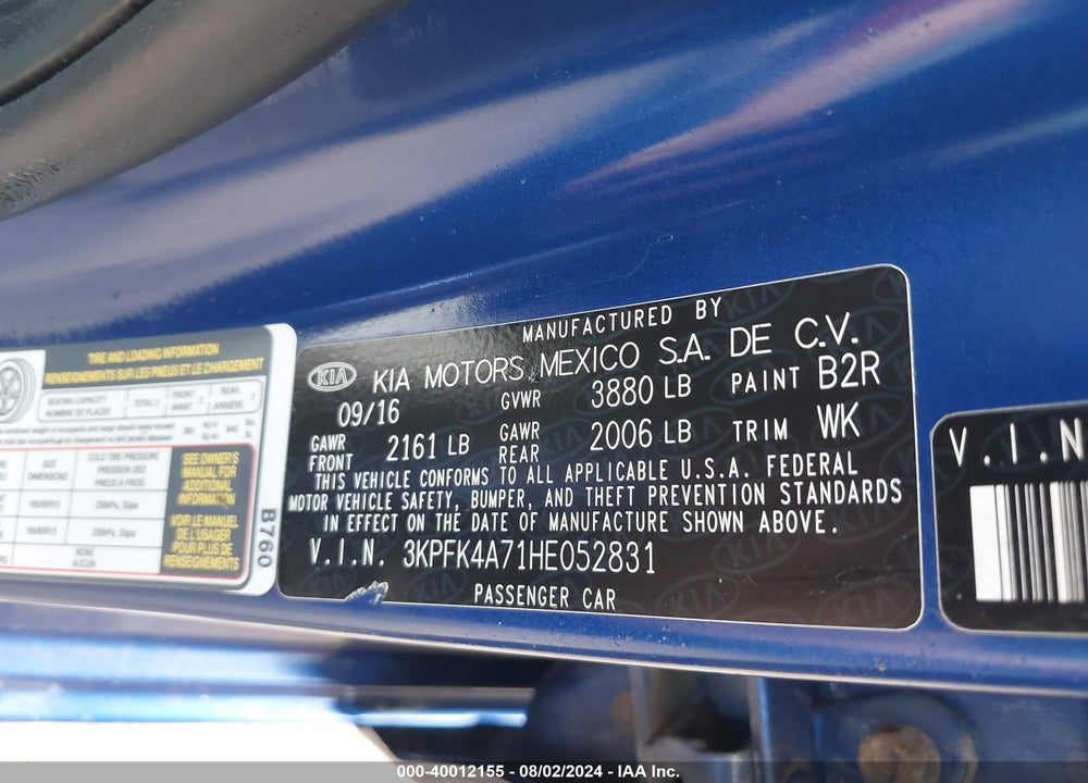 2017 KIA FORTE LX VIN: 3KPFK4A71HE052831
