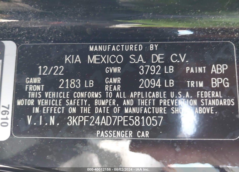 2023 KIA FORTE LXS VIN: 3KPF24AD7PE581057