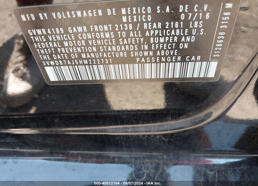 2017 VOLKSWAGEN JETTA 1.4T SE VIN: 3VWDB7AJ5HM222731