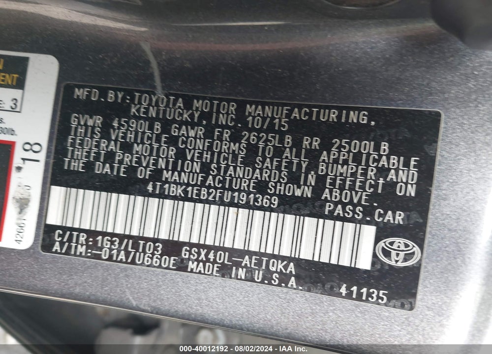 2015 TOYOTA AVALON XLE TOURING VIN: 4T1BK1EB2FU191369