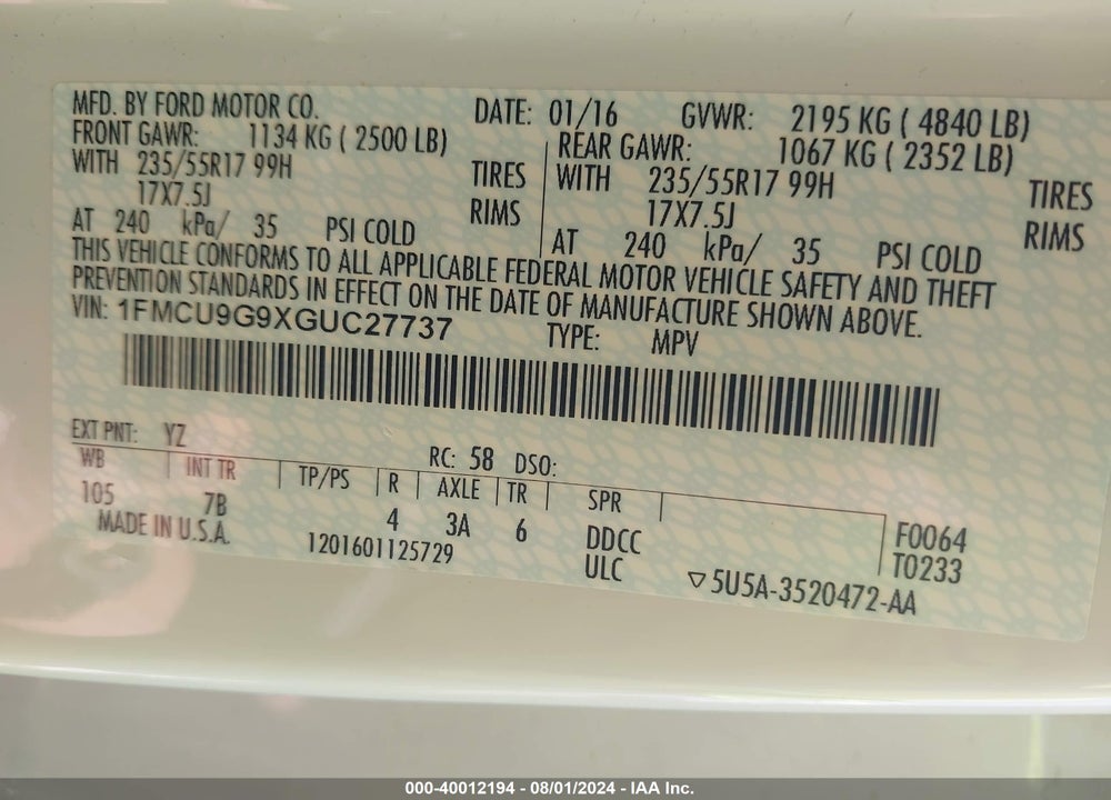 2016 FORD ESCAPE SE VIN: 1FMCU9G9XGUC27737