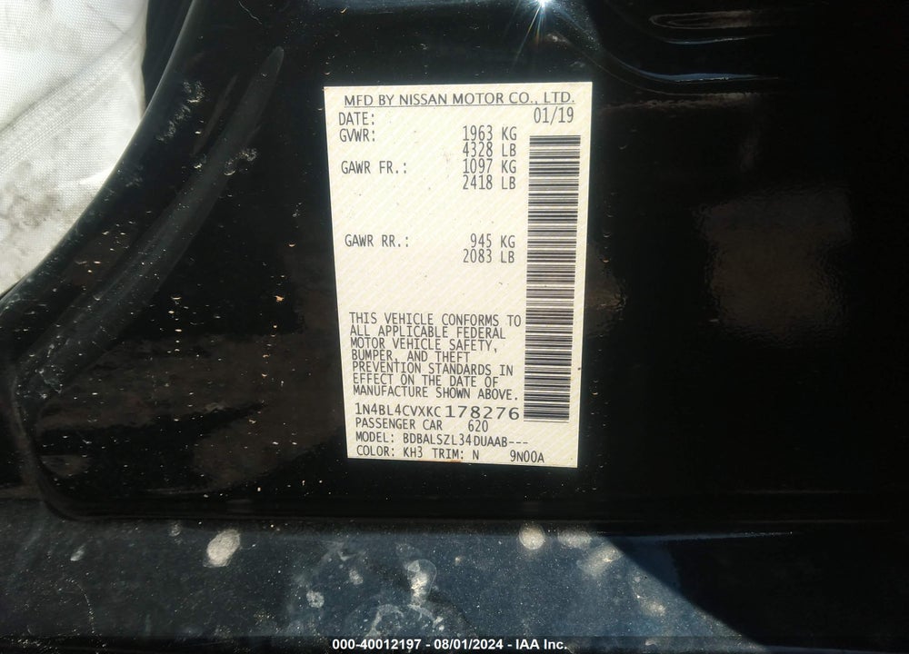 2019 NISSAN ALTIMA 2.5 SR VIN: 1N4BL4CVXKC178276