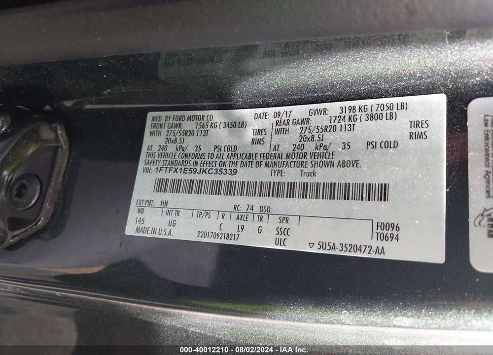 2018 FORD F-150 XLT VIN: 1FTFX1E59JKC35339