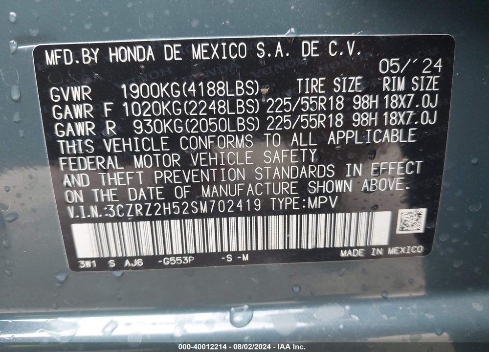2025 HONDA HR-V AWD SPORT VIN: 3CZRZ2H52SM702419