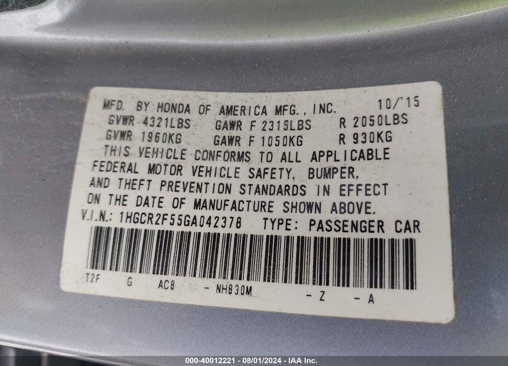 2016 HONDA ACCORD SPORT VIN: 1HGCR2F55GA042378