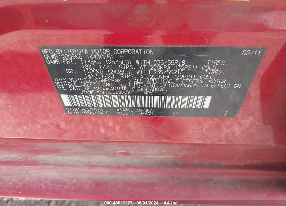 2011 TOYOTA RAV4 SPORT VIN: JTMWF4DV1B5038509