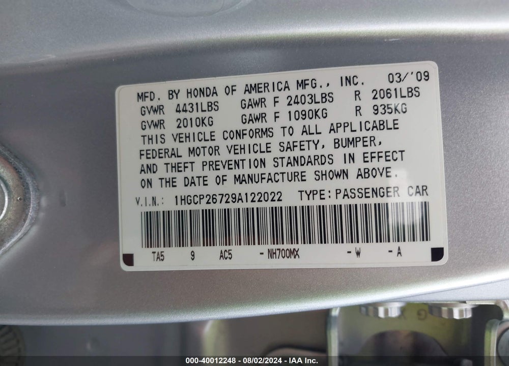 2009 HONDA ACCORD 2.4 EX VIN: 1HGCP26729A122022