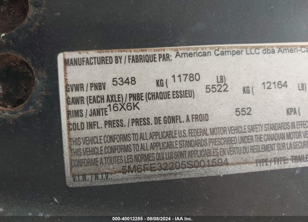 2005 AMERICAN CAMP F320ES VIN: 5M6FE32205S001594