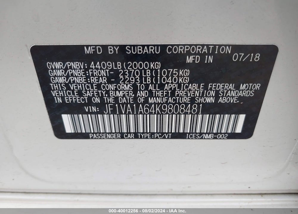 2019 SUBARU WRX VIN: JF1VA1A64K9808481