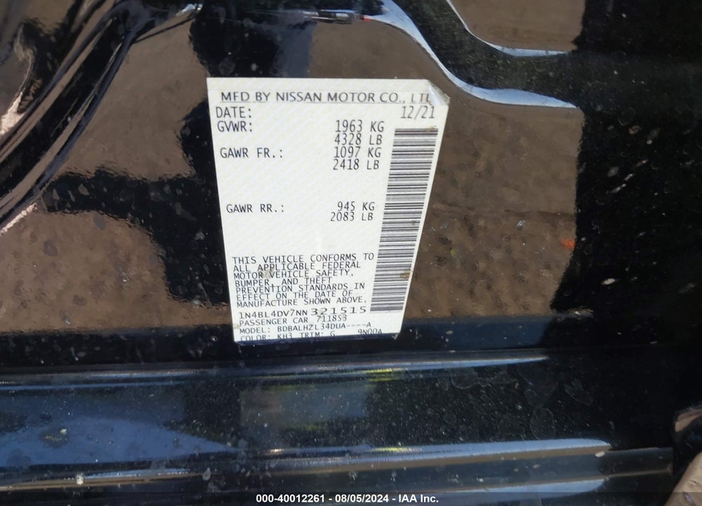 2022 NISSAN ALTIMA SV FWD VIN: 1N4BL4DV7NN321515