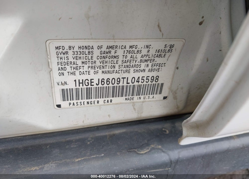 1996 HONDA CIVIC LX VIN: 1HGEJ6609TL045598
