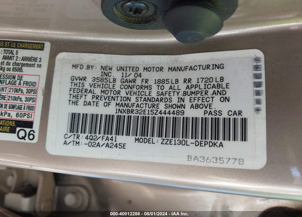 2005 TOYOTA COROLLA CE VIN: 1NXBR32E15Z444489