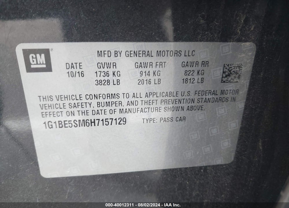 2017 CHEVROLET CRUZE LT AUTO VIN: 1G1BE5SM6H7157129