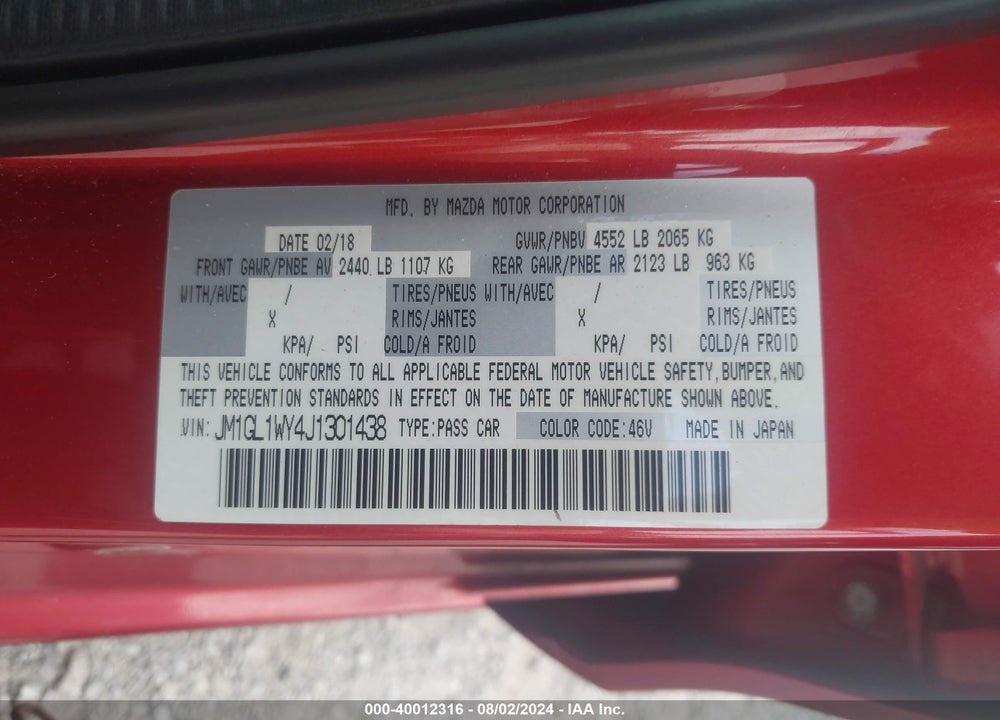2018 MAZDA 6 GRAND TOURING RESERVE VIN: JM1GL1WY4J1301438