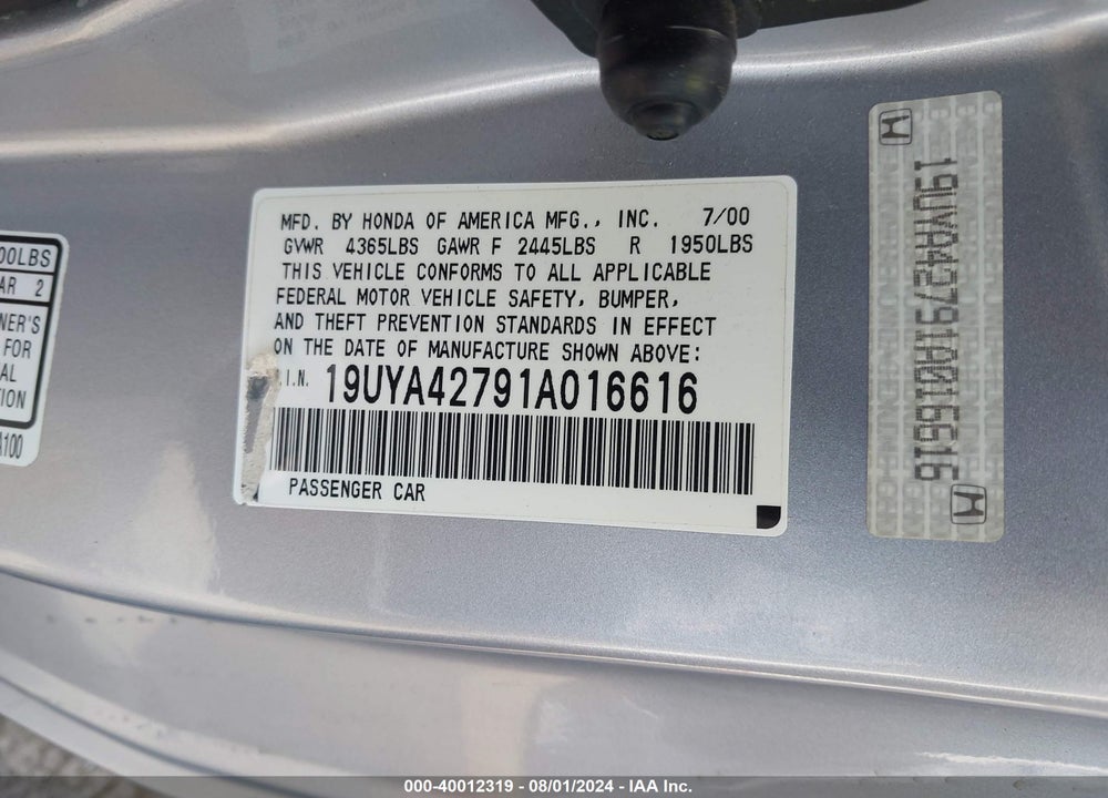 2001 ACURA CL 3.2 TYPE S VIN: 19UYA42791A016616