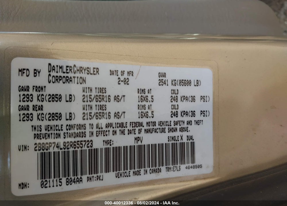 2002 DODGE GRAND CARAVAN EX VIN: 2B8GP74L92R655723