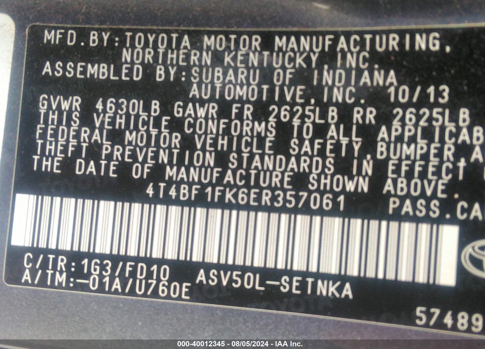 2014 TOYOTA CAMRY LE VIN: 4T4BF1FK6ER357061